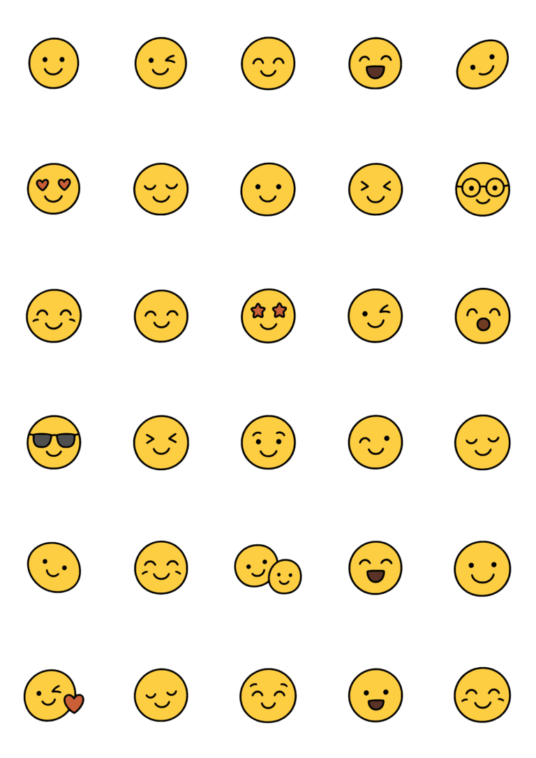 Colored example of the smiley face tiny tattoo sheet, with 30 motifs in six rows and a palette of gold, yellow, pink, red.