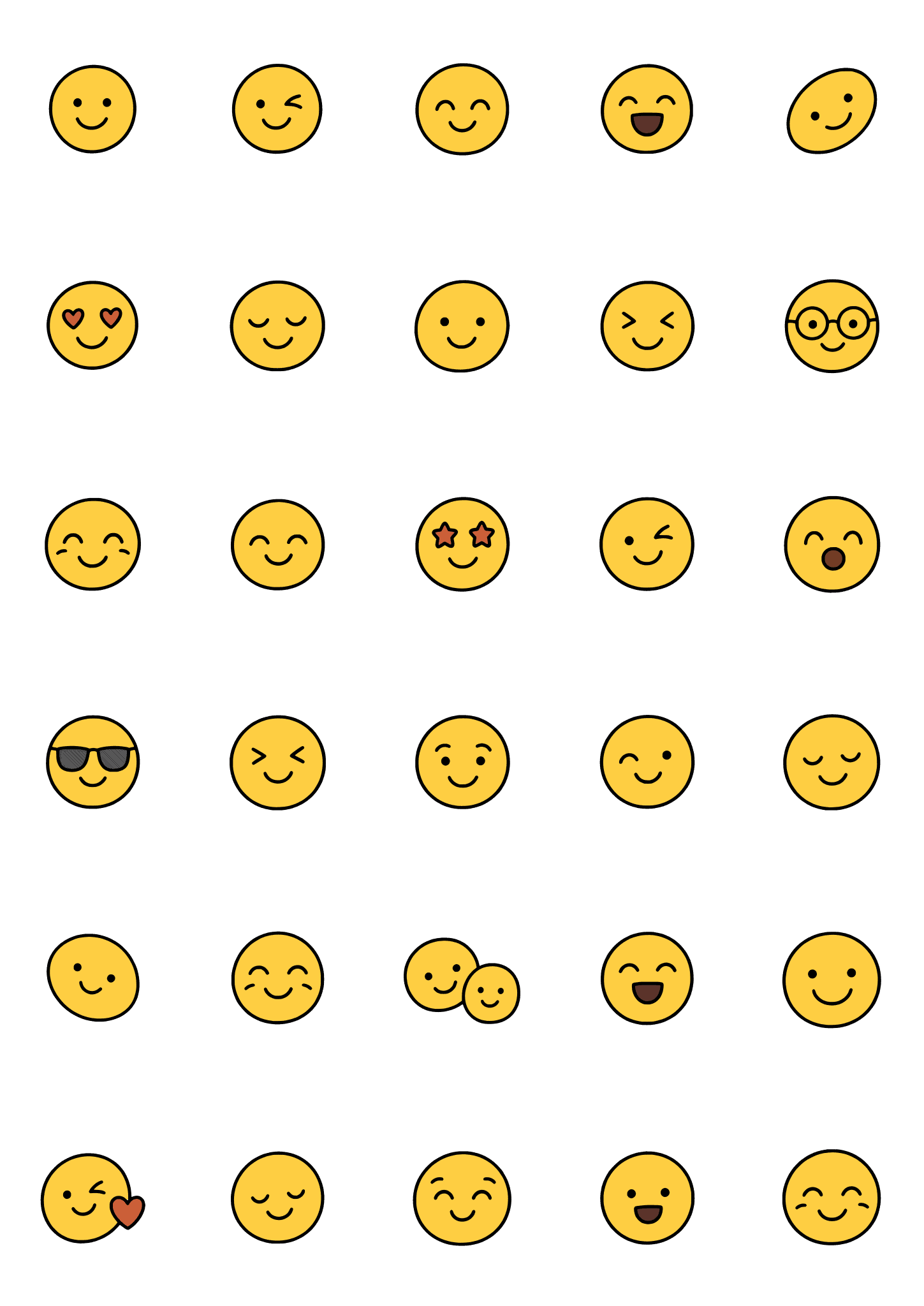 Colored example of the smiley face tiny tattoo sheet, with 30 motifs in six rows and a palette of gold, yellow, pink, red.