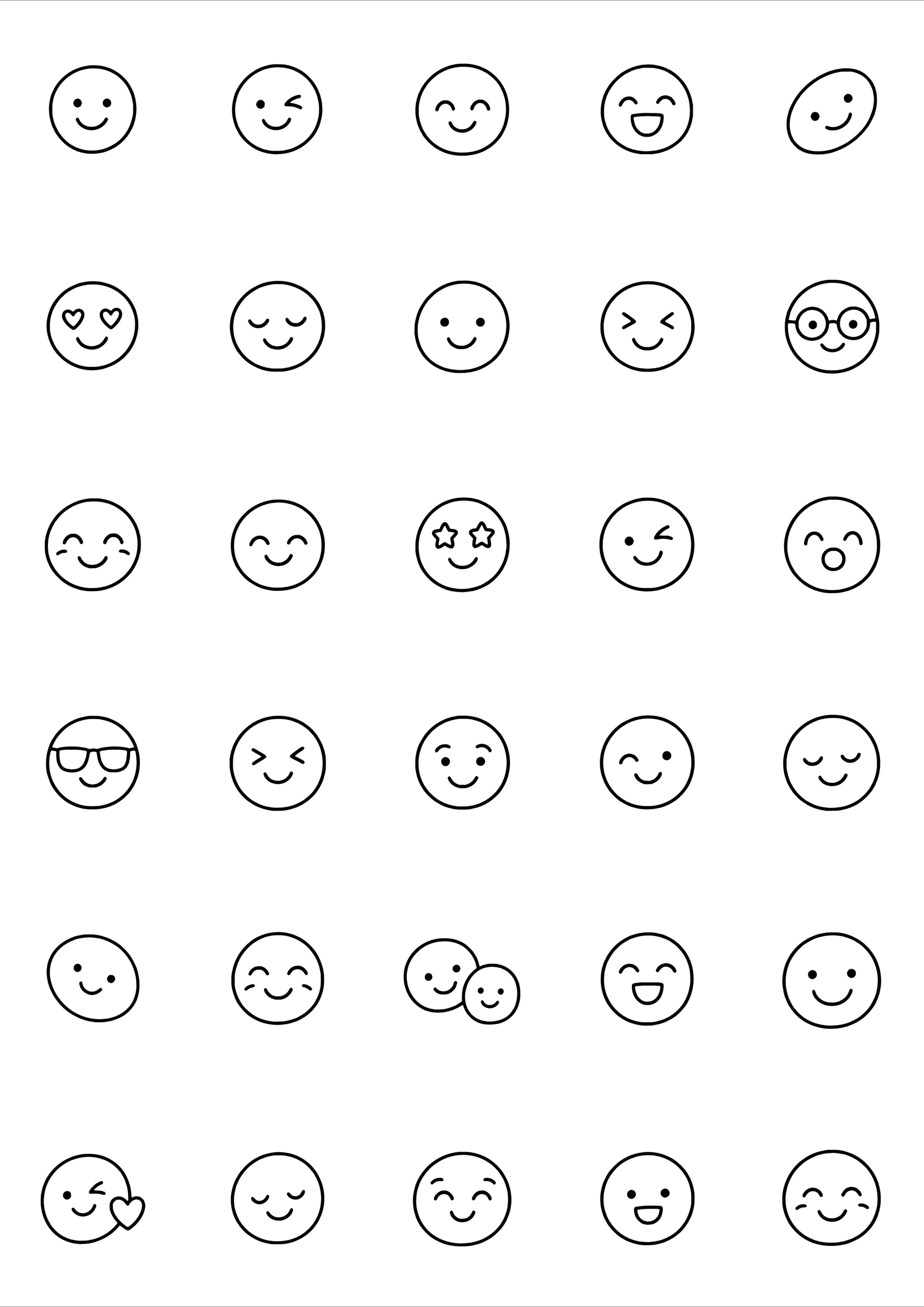 Black-and-white coloring and tiny tattoo sheet with 30 separate designs: round faces with smiles, winks, laughter, hearts, glasses and other expressions.
