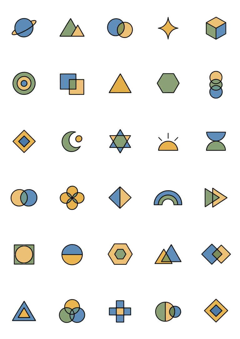 Colored example of the geometric line tiny tattoo sheet, with 30 motifs in six rows and a palette of slate, blue, sage, ochre.