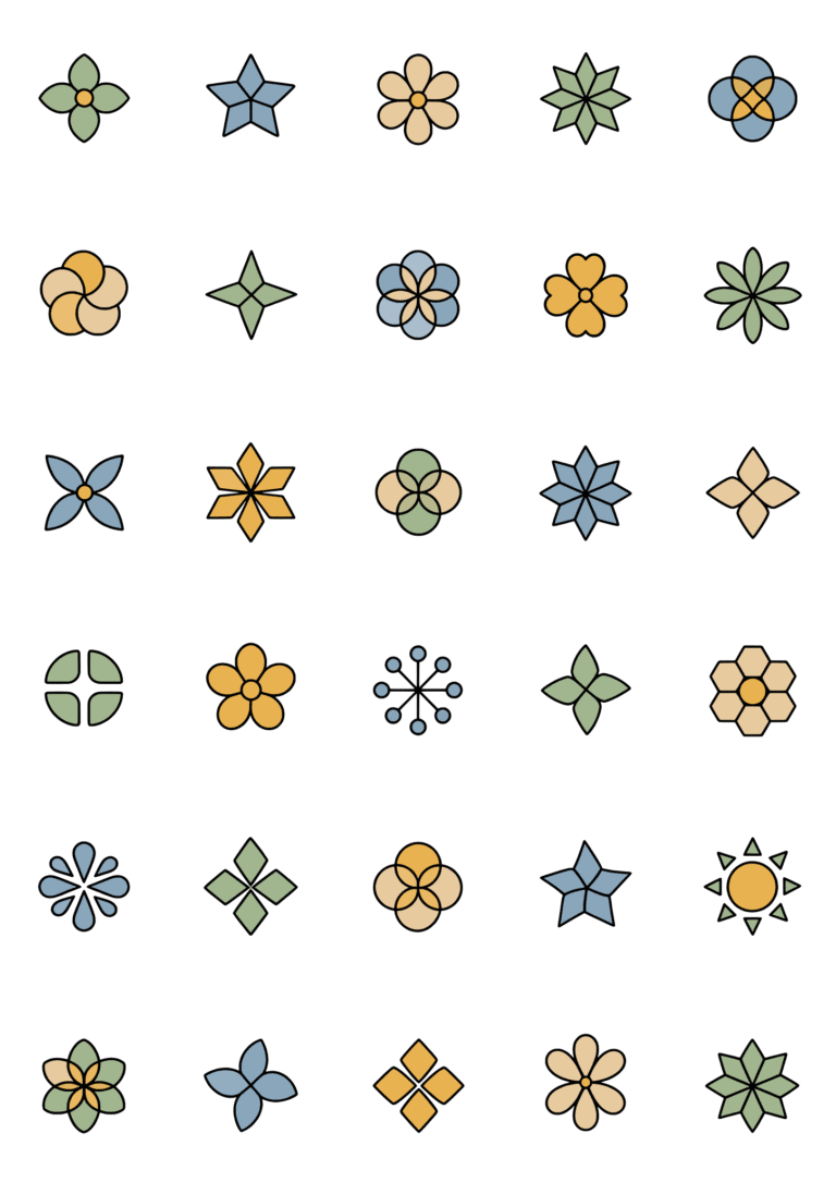 Colored example of the radial geometry tiny tattoo sheet, with 30 motifs in six rows and a palette of blue, green, gold.