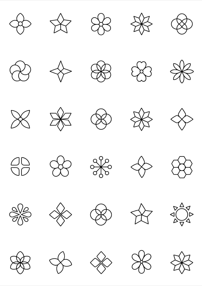 Black-and-white coloring and tiny tattoo sheet with 30 separate designs: flower-like rosettes, starbursts and symmetrical shapes arranged around a center.