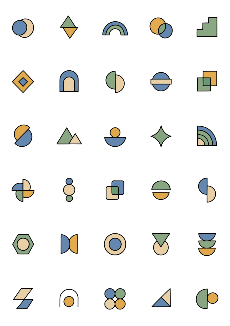 Colored example of the abstract geometry tiny tattoo sheet, with 30 motifs in six rows and a palette of blue, green, ochre.