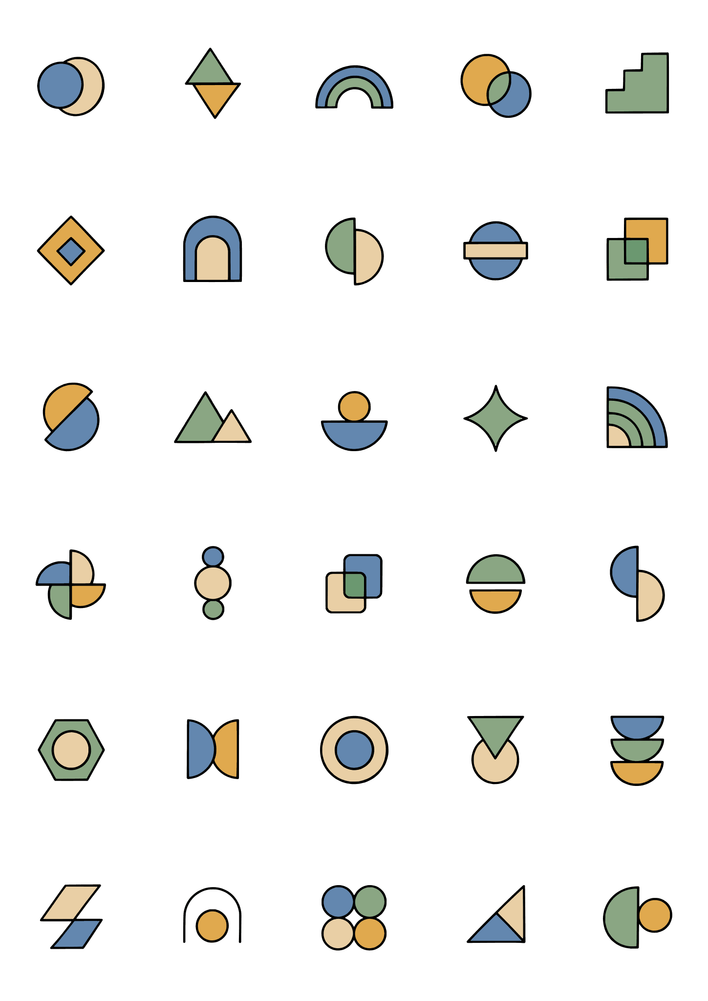 Colored example of the abstract geometry tiny tattoo sheet, with 30 motifs in six rows and a palette of blue, green, ochre.