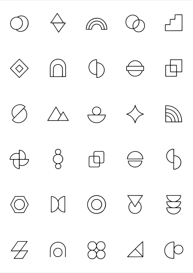 Black-and-white coloring and tiny tattoo sheet with 30 separate designs: overlapping discs, split circles, triangles, steps and other compact abstract symbols.