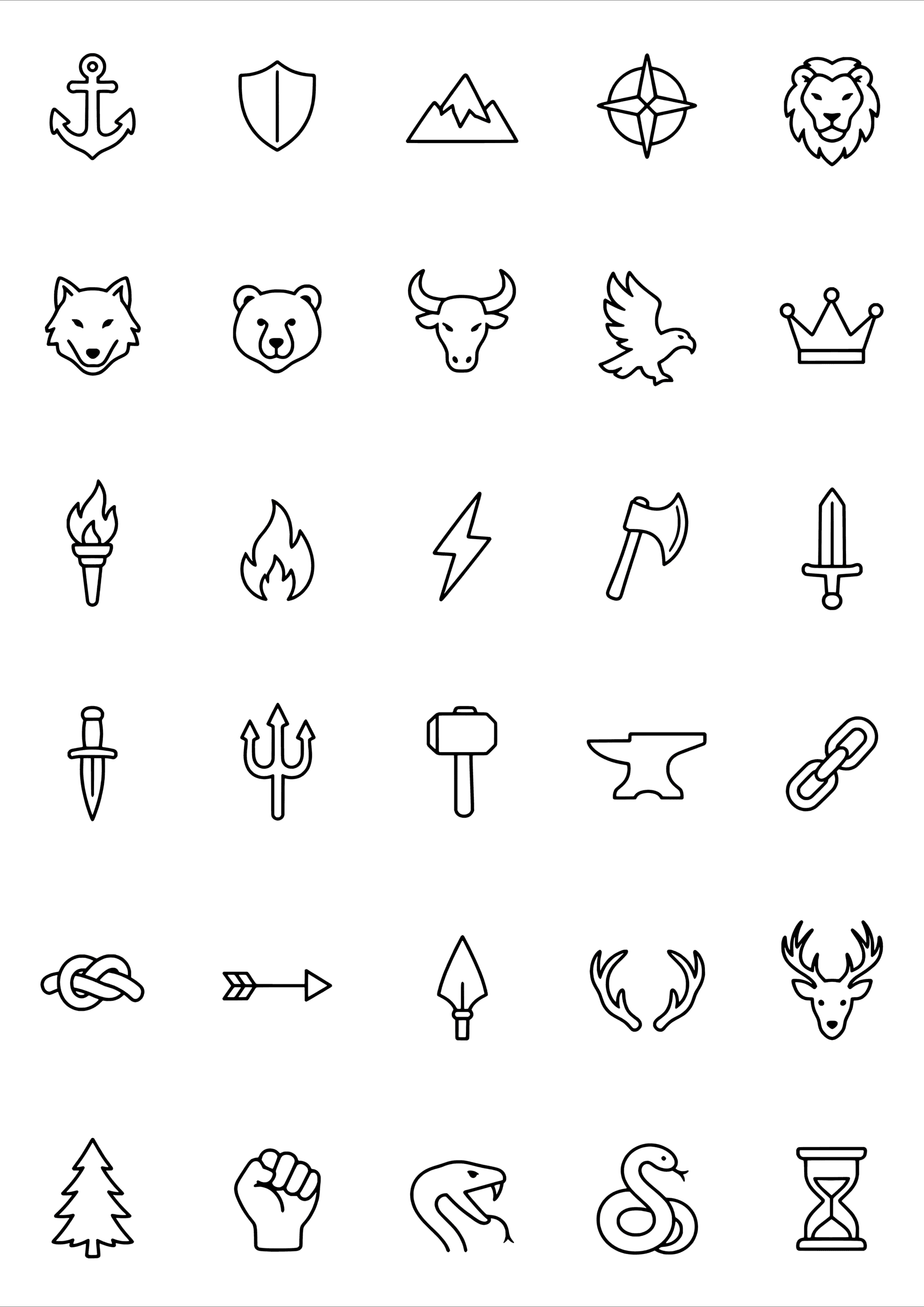Black-and-white coloring and tiny tattoo sheet with 30 separate designs: anchors, shields, mountain peaks, animal heads, flames and other strong silhouettes.