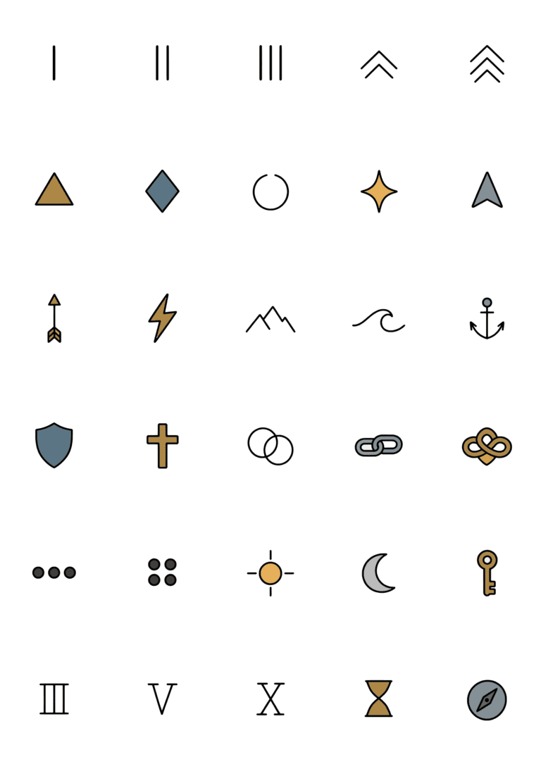 Colored example of the bold finger symbol tiny tattoo sheet, with 30 motifs in six rows and a palette of charcoal, black, ochre, slate.
