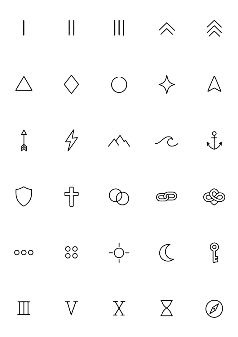 Black-and-white coloring and tiny tattoo sheet with 30 separate designs: minimal bars, chevrons, dots, arrows, a shield and other narrow finger-size signs.