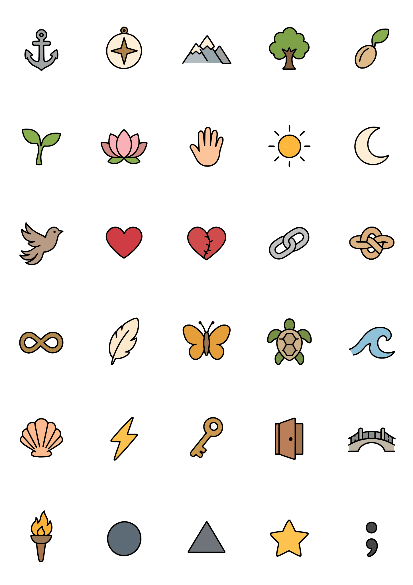 Colored example of the meaningful symbol tiny tattoo sheet, with 30 motifs in six rows and a palette of green, blue, gold, charcoal.