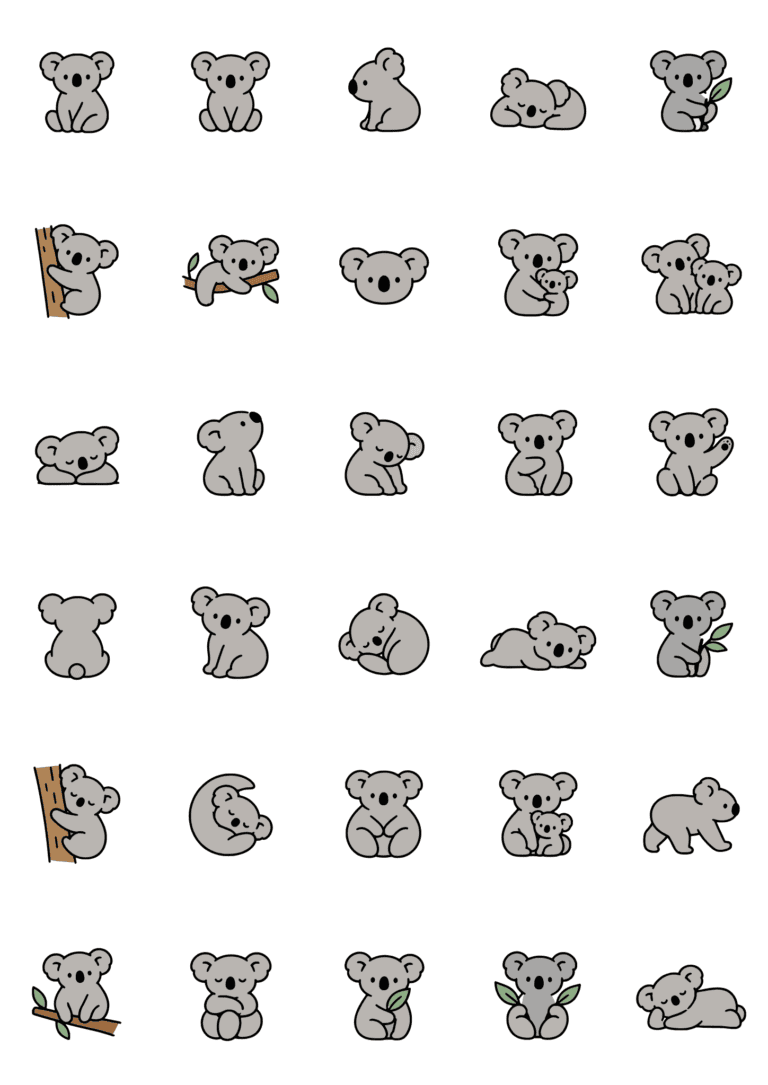 Colored example of the koala tiny tattoo sheet, with 30 motifs in six rows and a palette of gray, black, sage.