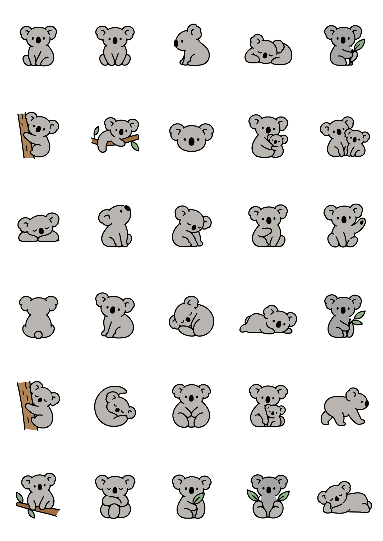 Colored example of the koala tiny tattoo sheet, with 30 motifs in six rows and a palette of gray, black, sage.