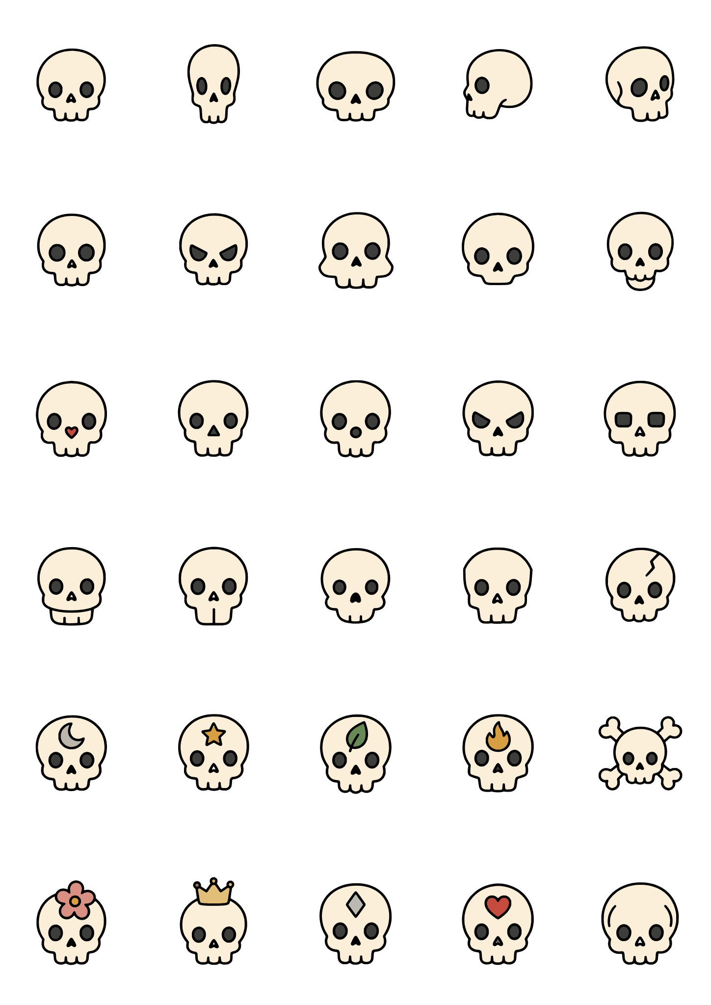 Colored example of the skull tiny tattoo sheet, with 30 motifs in six rows and a palette of cream, pink, green, gold.