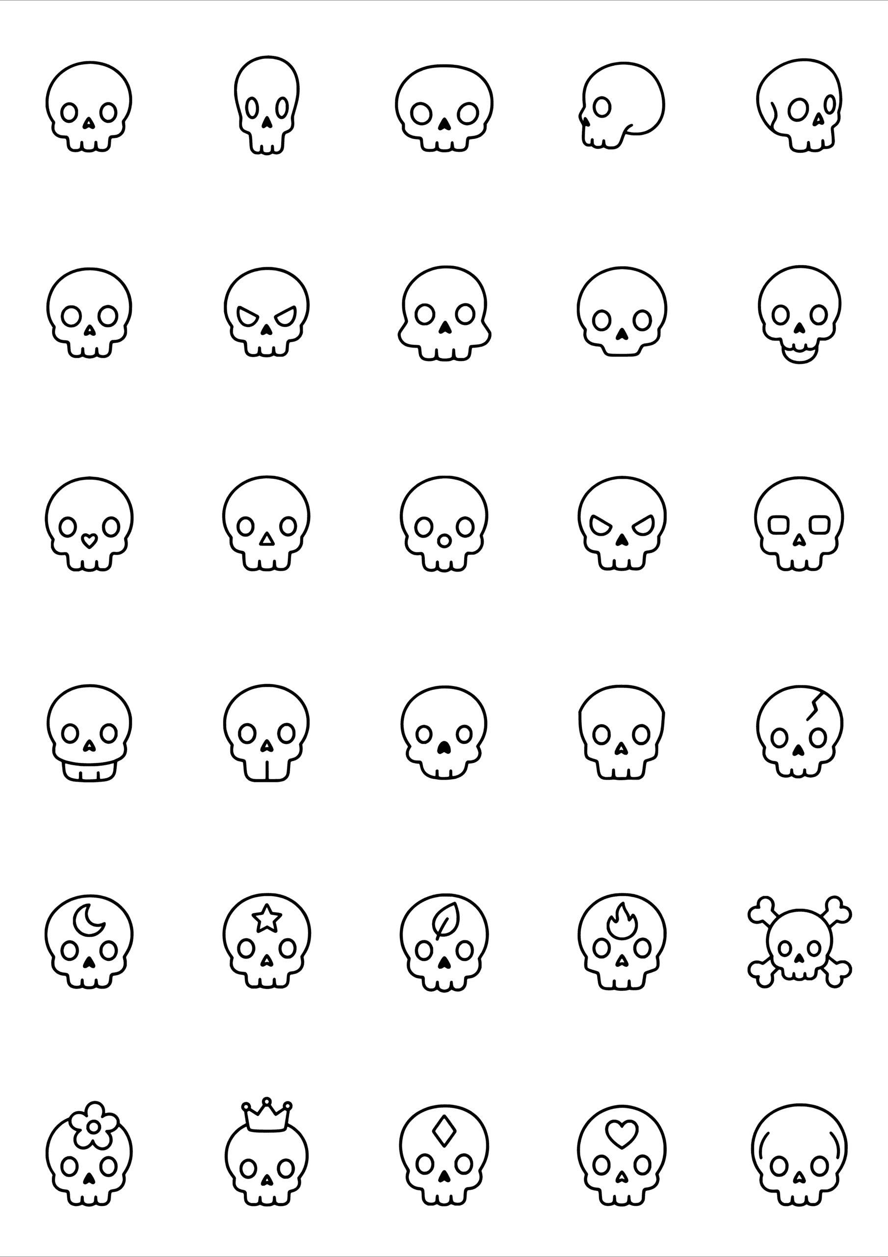 Black-and-white coloring and tiny tattoo sheet with 30 separate designs: thirty skull designs from simple profiles to small decorated and paired versions.