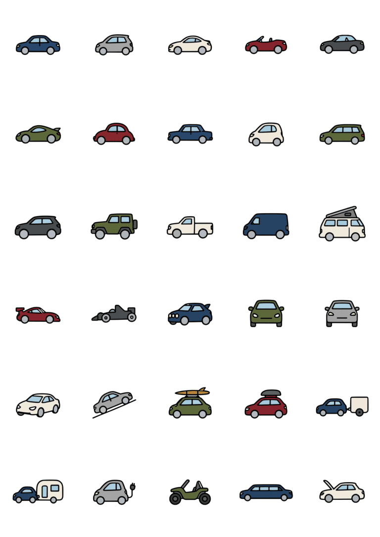 Colored example of the car tiny tattoo sheet, with 30 motifs in six rows and a palette of blue, slate, red, sage.