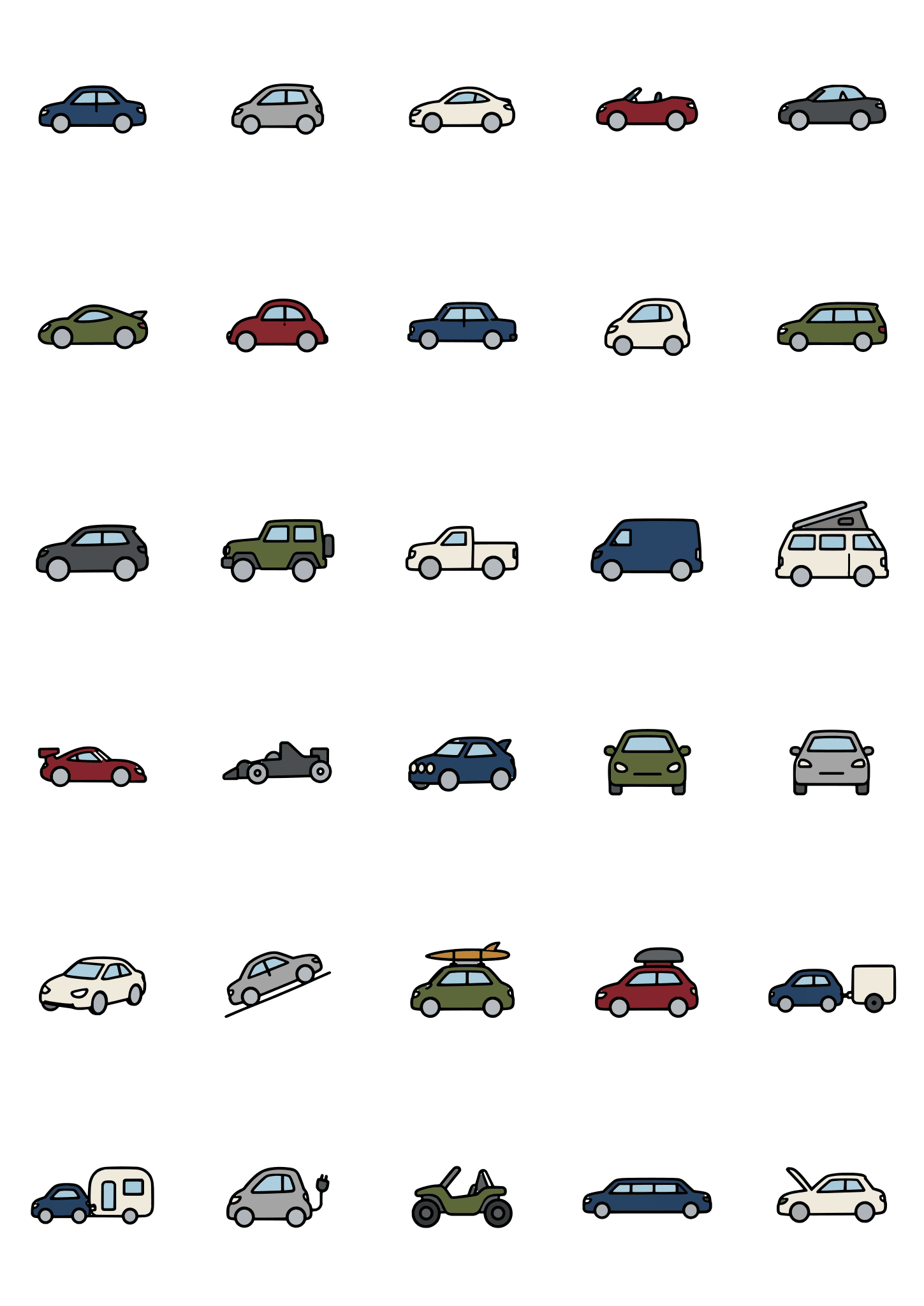Colored example of the car tiny tattoo sheet, with 30 motifs in six rows and a palette of blue, slate, red, sage.