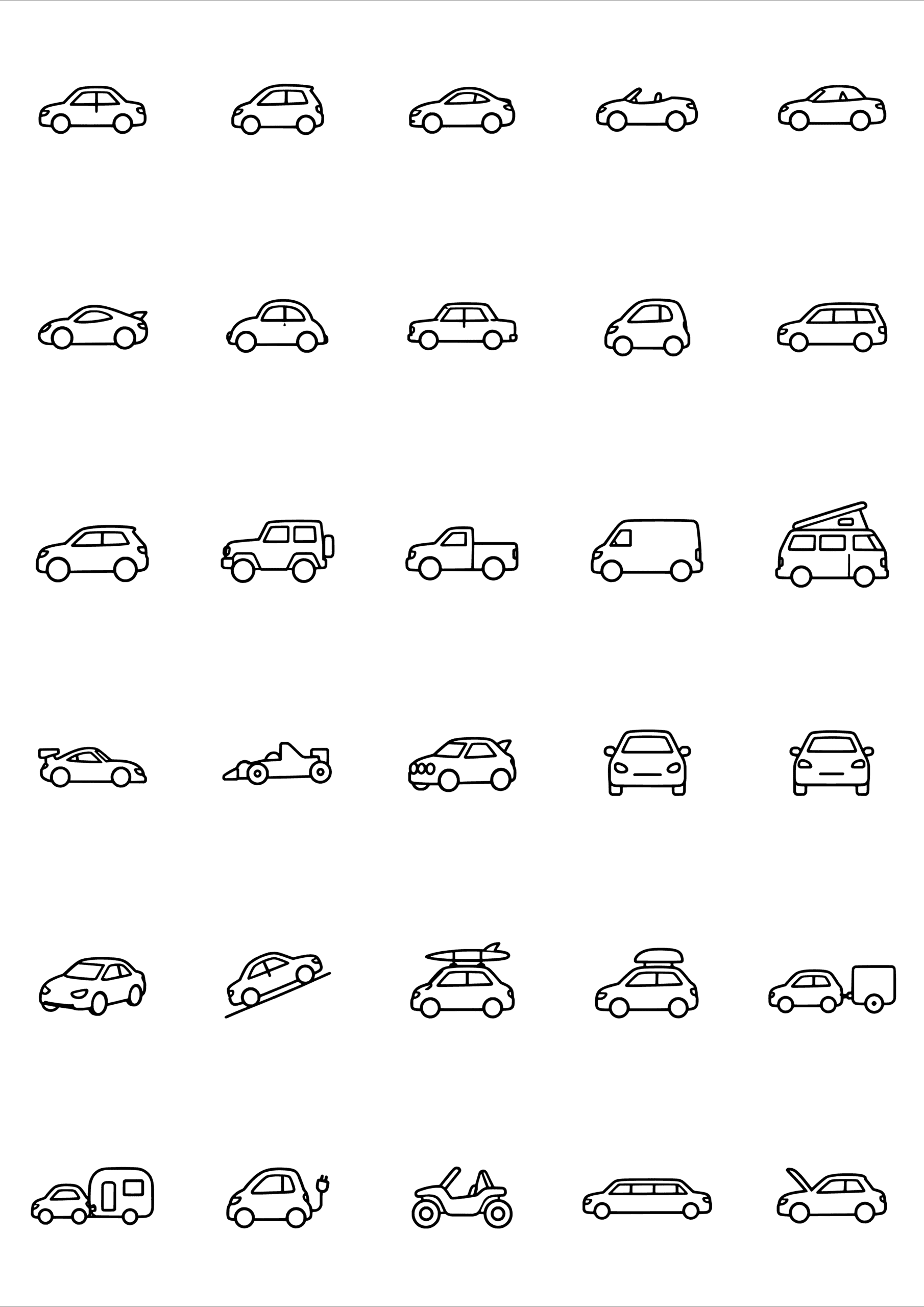 Black-and-white coloring and tiny tattoo sheet with 30 separate designs: small cars, vans, campers and other vehicles from several side and front views.
