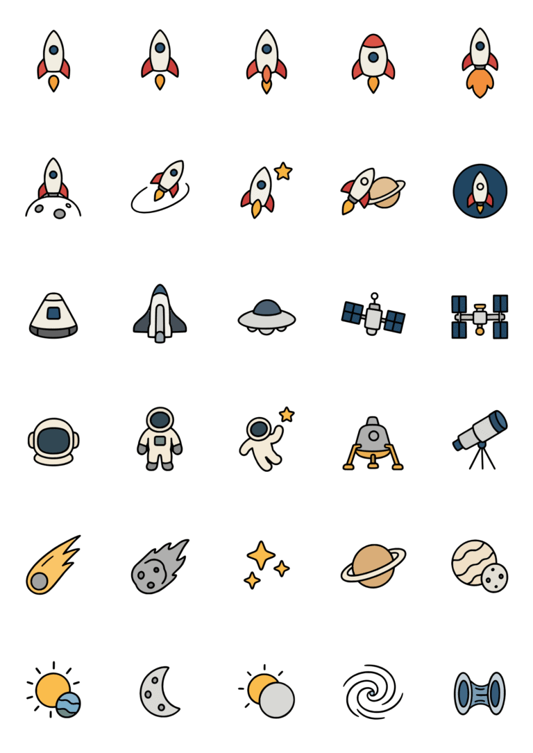 Colored example of the space rocket tiny tattoo sheet, with 30 motifs in six rows and a palette of white, gray, red, blue.