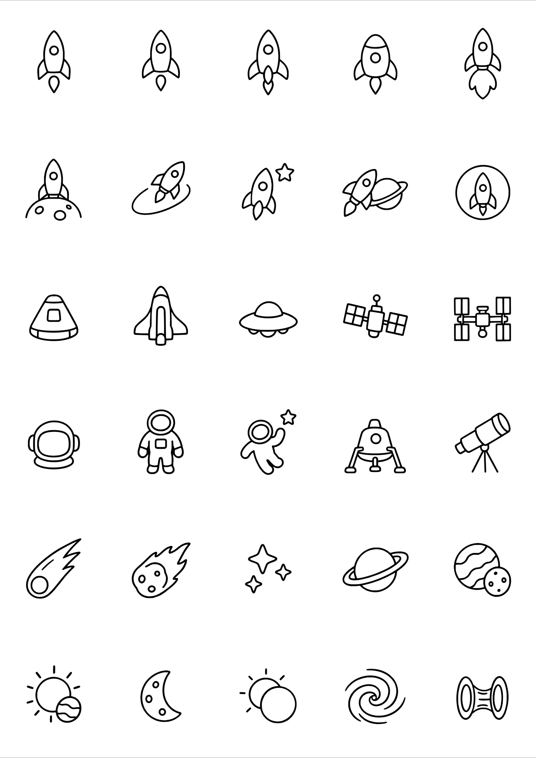 Black-and-white coloring and tiny tattoo sheet with 30 separate designs: rockets, a shuttle, satellites, astronauts, comets and planetary signs.