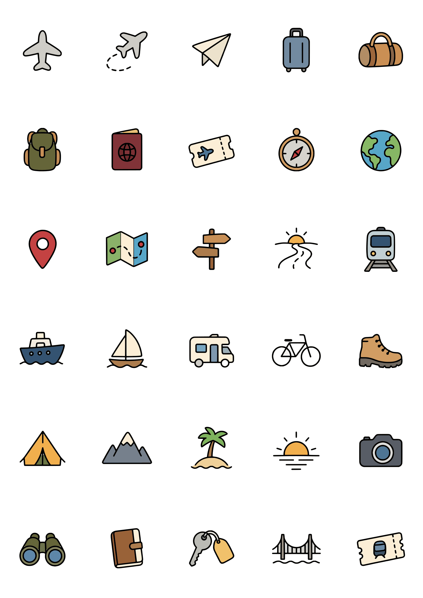 Colored example of the travel tiny tattoo sheet, with 30 motifs in six rows and a palette of blue, teal, tan, ochre.