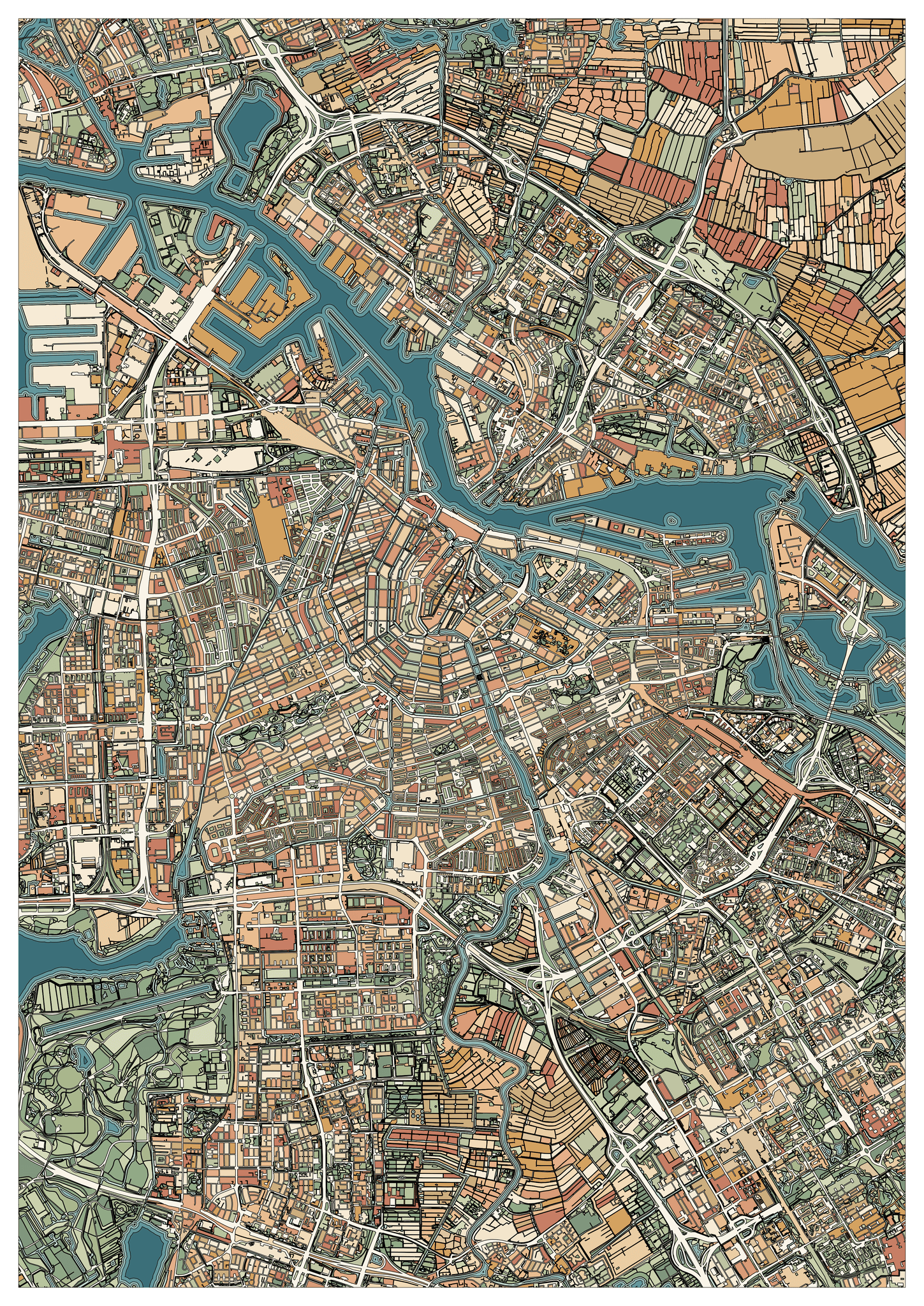 Colored example of an intricate Amsterdam canal map with teal waterways, warm terracotta blocks and muted green spaces.