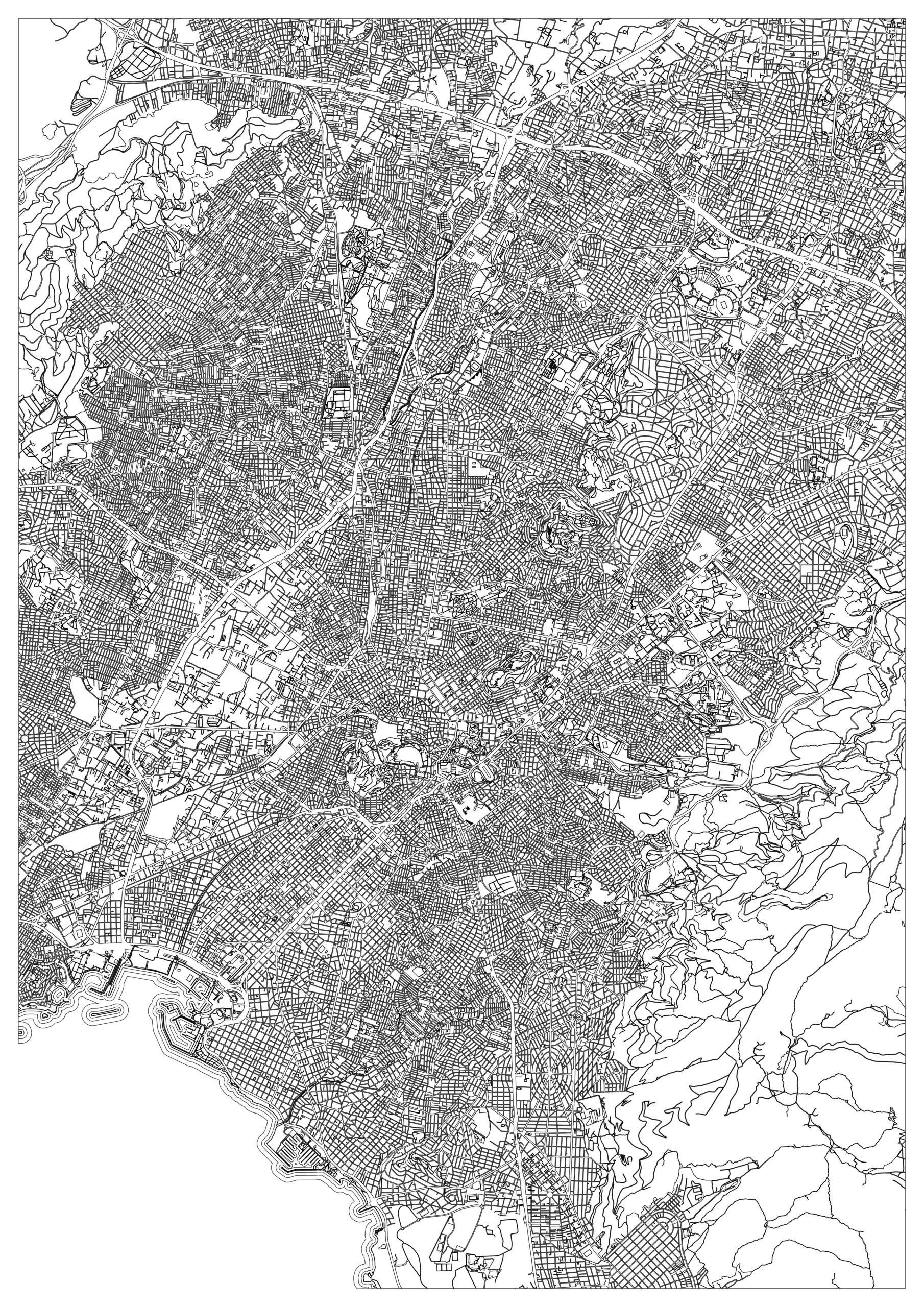 Black-and-white Athens map coloring page showing a dense city grid spreading between irregular hills, with a curved coastline at the lower edge and winding roads through the terrain.