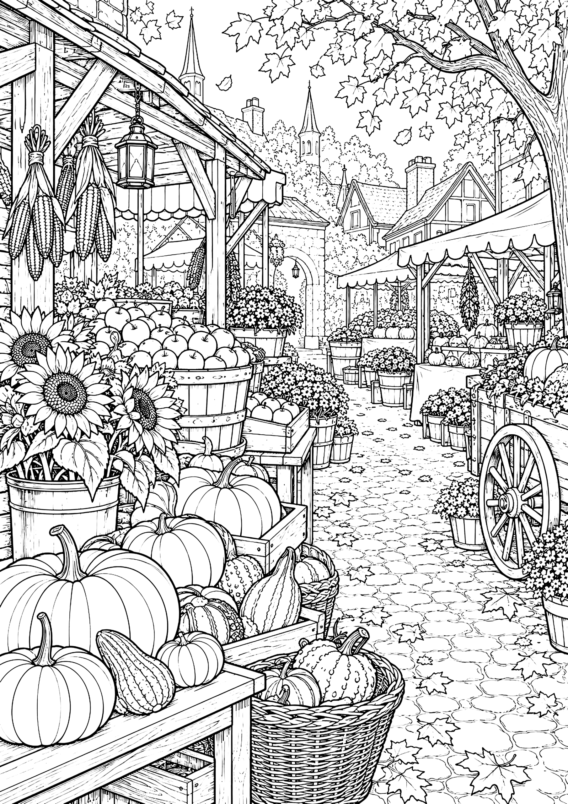 Black-and-white detailed harvest market coloring page with pumpkins, gourds, sunflowers, apples, timber stalls and a cobbled village lane.