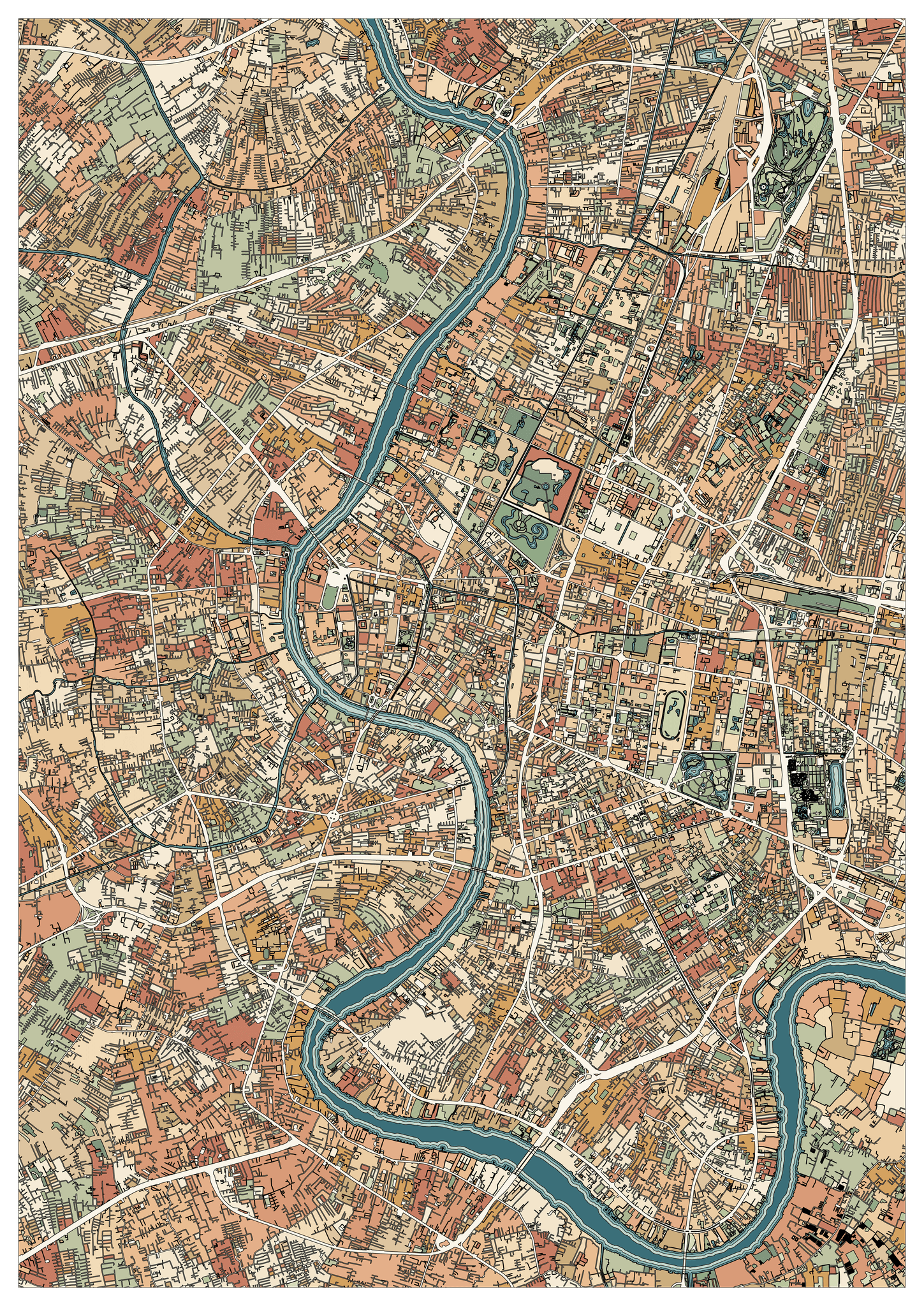 Colored example of a Bangkok street map with a winding teal river, green spaces and peach and ochre city blocks.