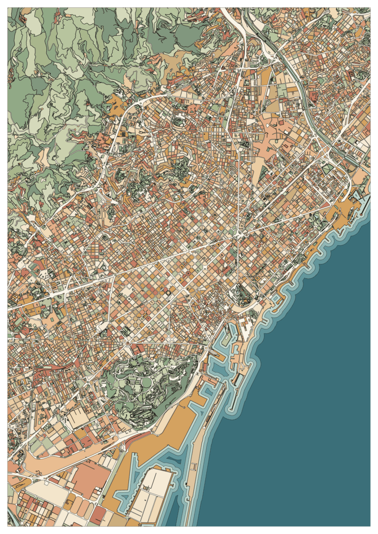 Colored example of a Barcelona map with a deep teal shore, green hills and terracotta streets and blocks.
