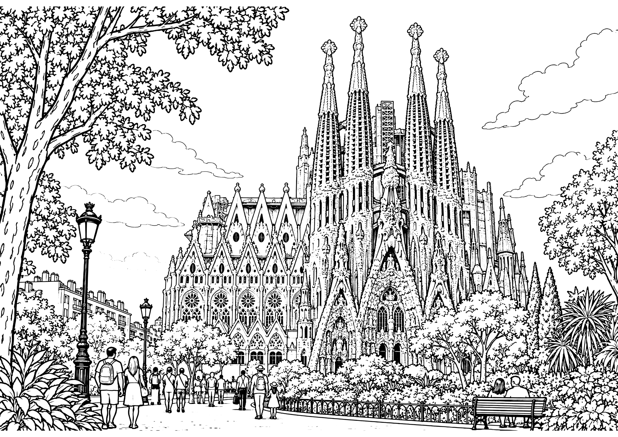 Black-and-white Barcelona Sagrada Família coloring page showing ornate spires, a tree-lined walkway, streetlamps and visitors.