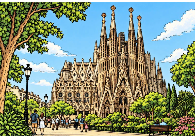 Colored Sagrada Família example with warm stone spires, green trees, blue sky and visitors along the foreground path.