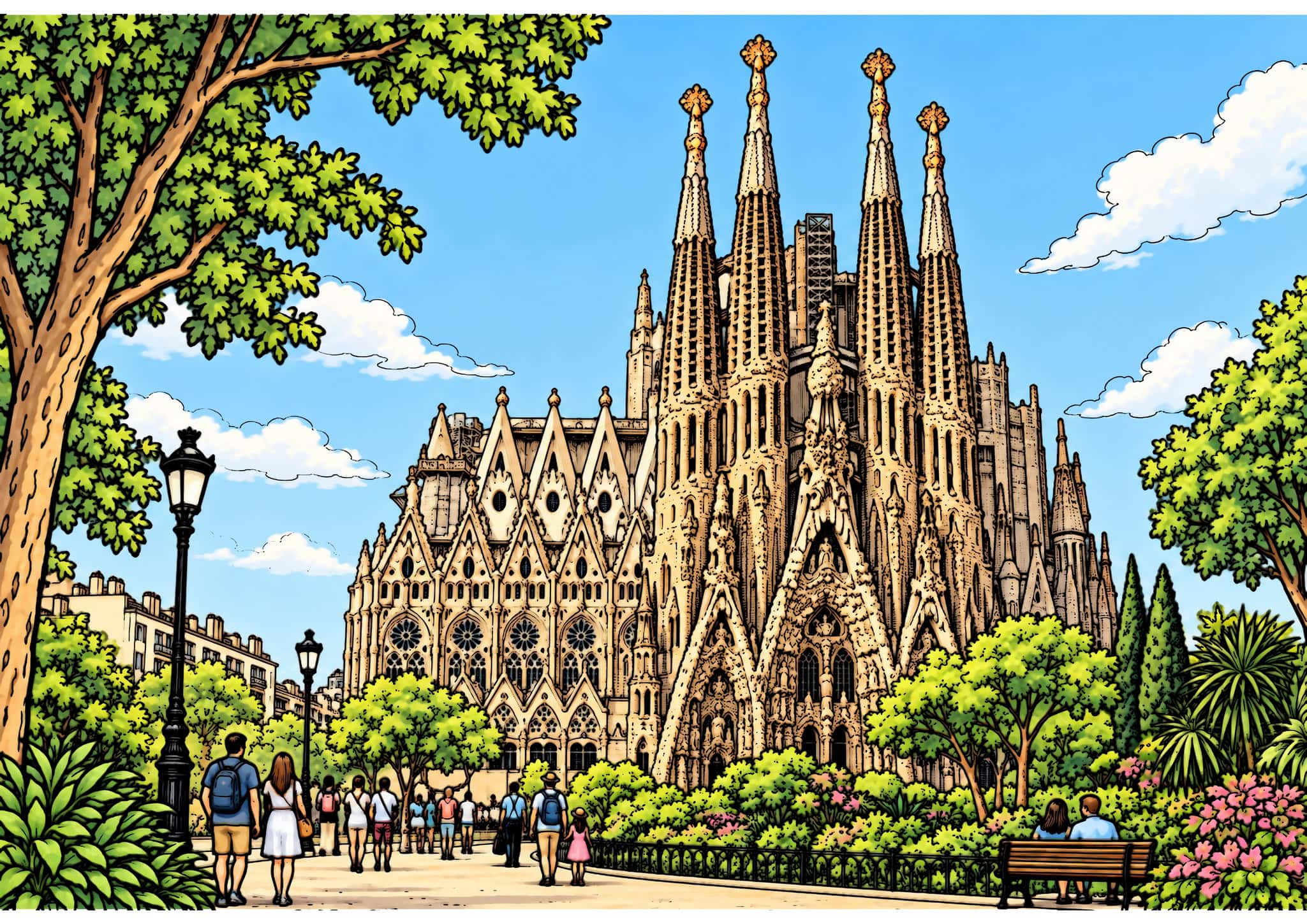 Colored Sagrada Família example with warm stone spires, green trees, blue sky and visitors along the foreground path.