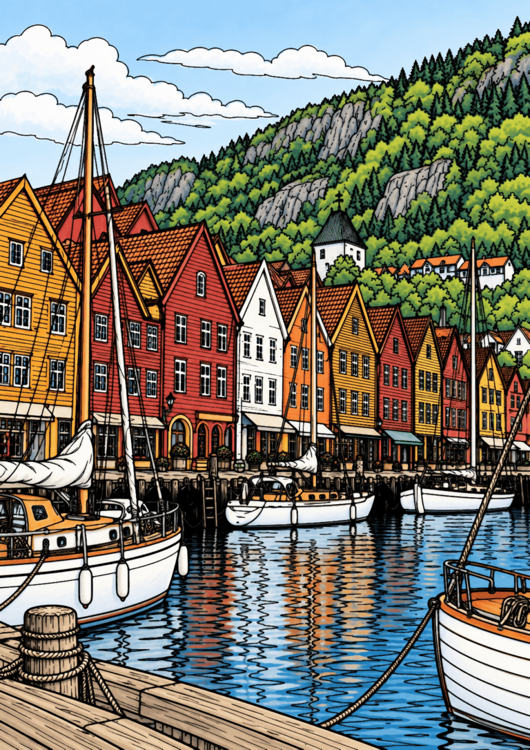 Colored Bryggen harbor example with red and ochre buildings, white sailboats, green hillside and blue reflected water.