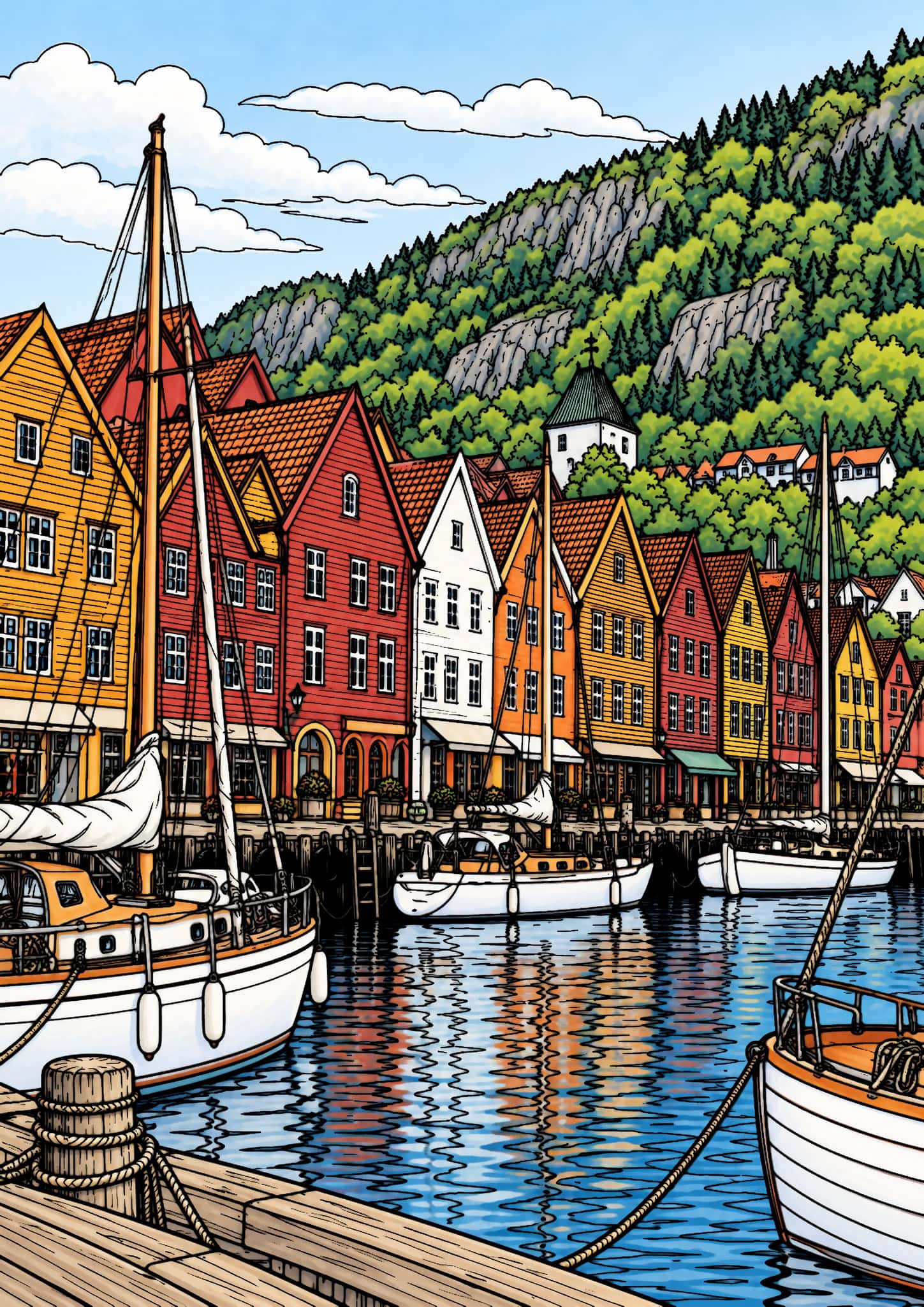 Colored Bryggen harbor example with red and ochre buildings, white sailboats, green hillside and blue reflected water.