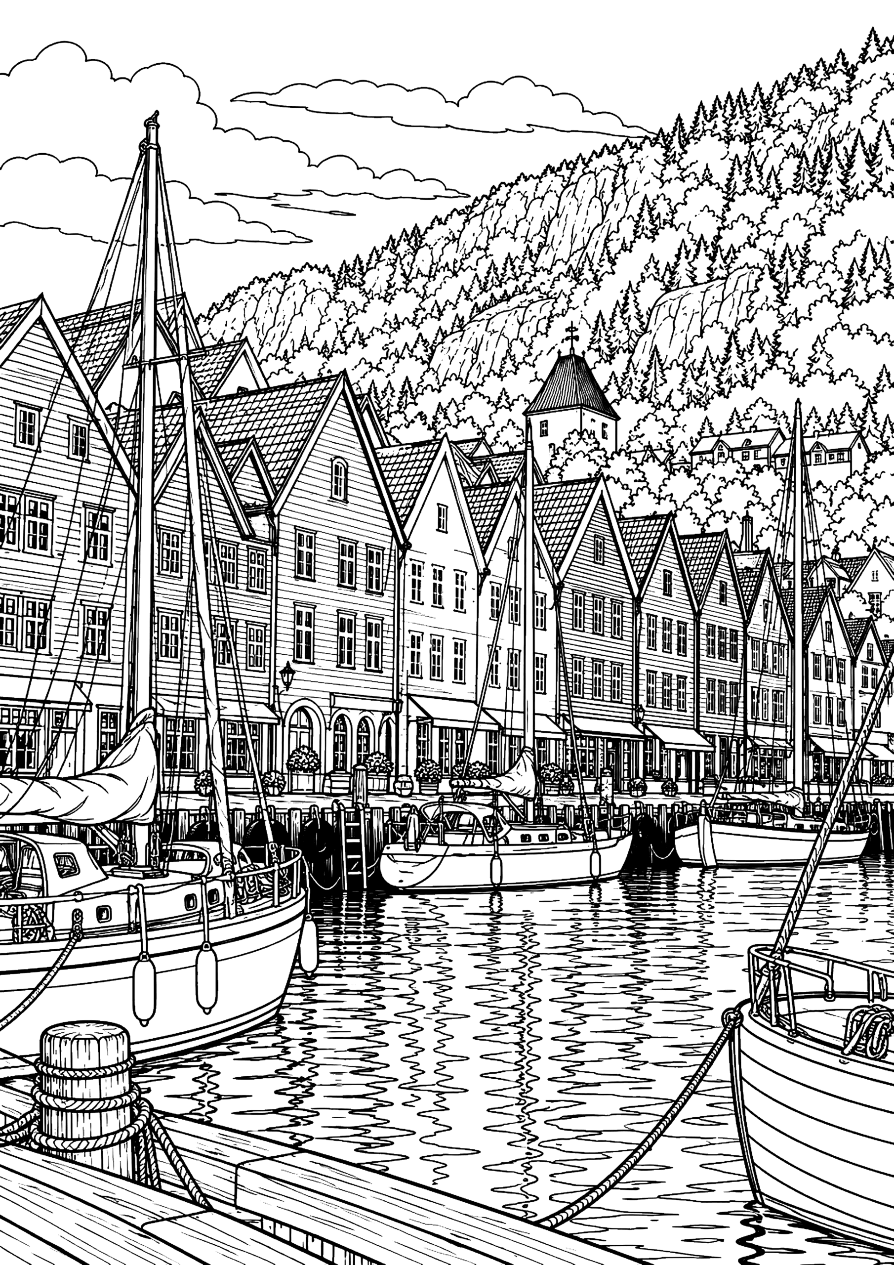 Black-and-white Bergen Bryggen harbor coloring page with sailboats, steep-roofed waterfront buildings, a wooded hill and reflections.