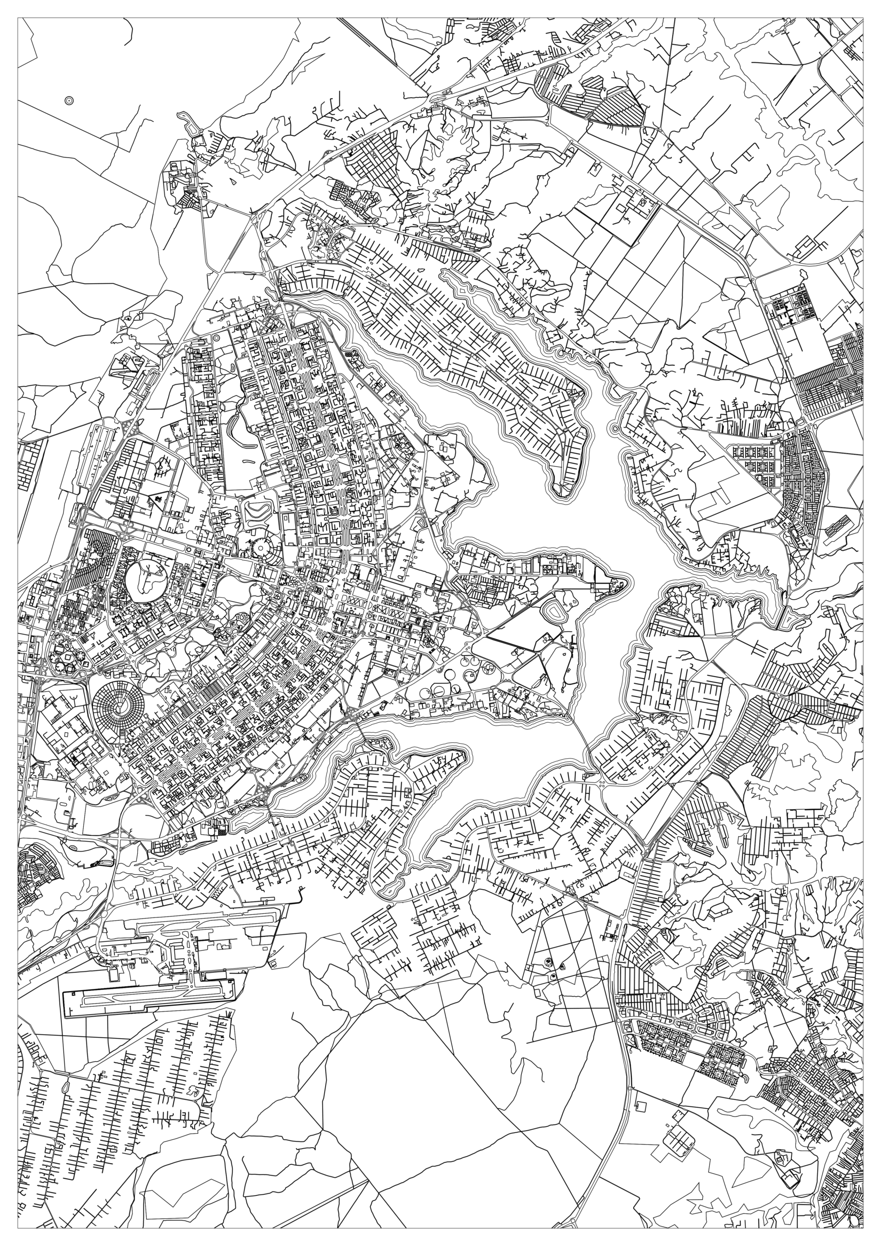 Black-and-white Brasília map coloring page showing a branching lake with long peninsulas and inlets, tightly patterned districts near the water and broad irregular plots farther out.