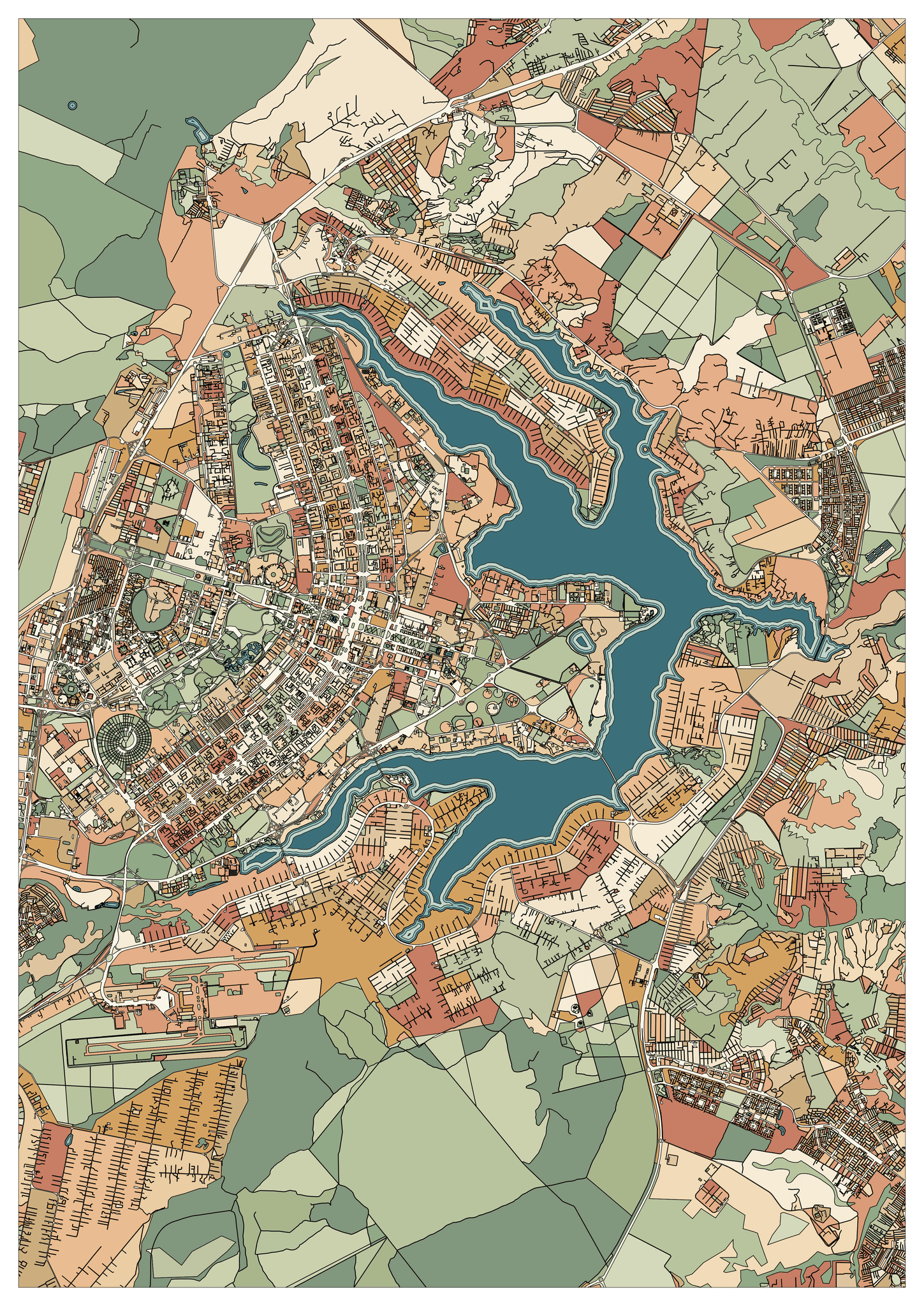 Colored example of a Brasília map with a branching teal lake, green outer plots and warm ochre and terracotta districts.