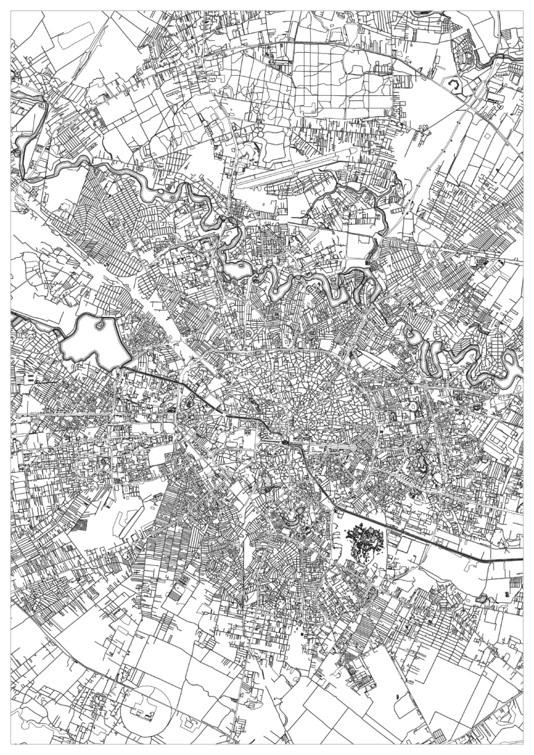 Black-and-white Bucharest map coloring page showing a dense web of central streets, larger blocks at the edges, a twisting watercourse and several small lake-like shapes across the upper half.