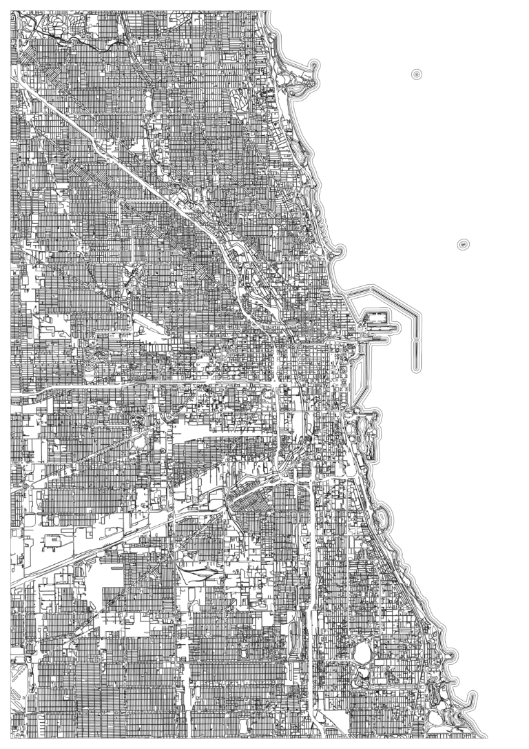 Black-and-white Chicago map coloring page showing a strict grid of tiny blocks beside a broad lake shoreline, crossed by long diagonal routes and punctuated by harbor shapes.