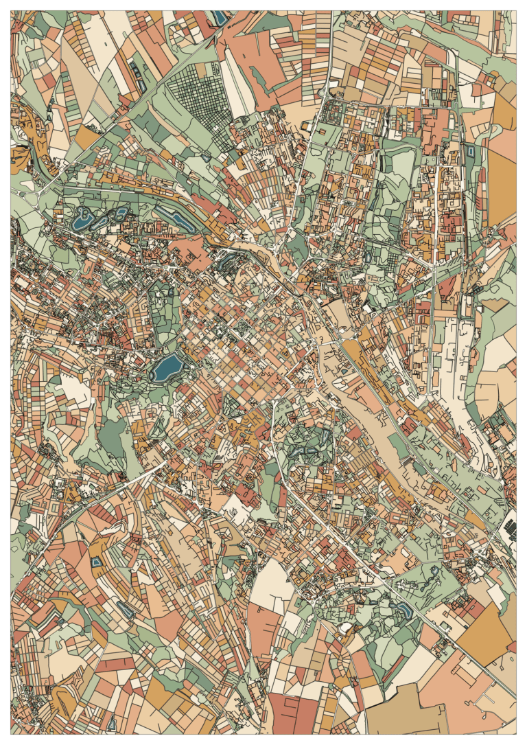 Colored example of a Chișinău map with small blue-green ponds, sage open plots and a dense center in peach and rust.