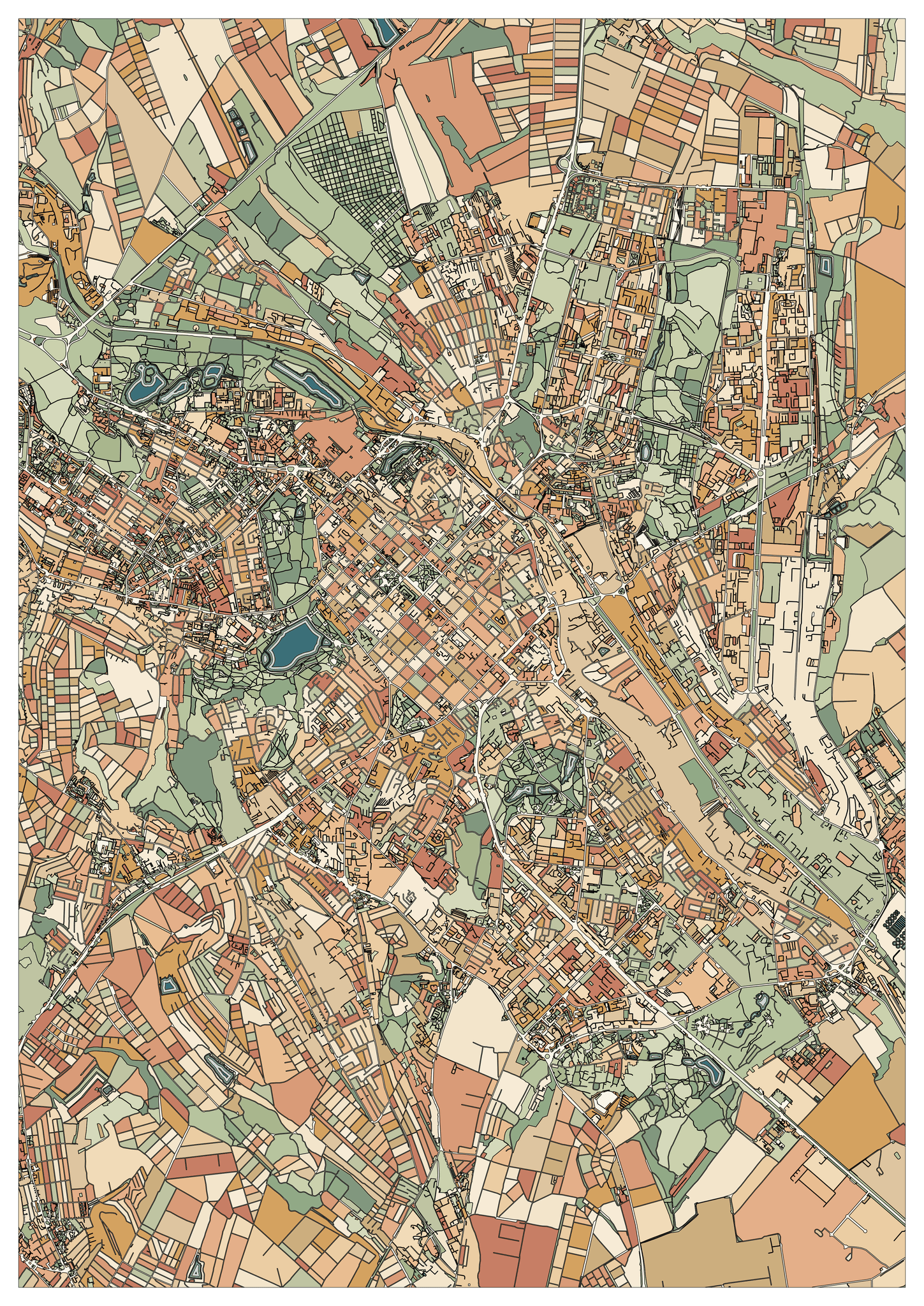 Colored example of a Chișinău map with small blue-green ponds, sage open plots and a dense center in peach and rust.