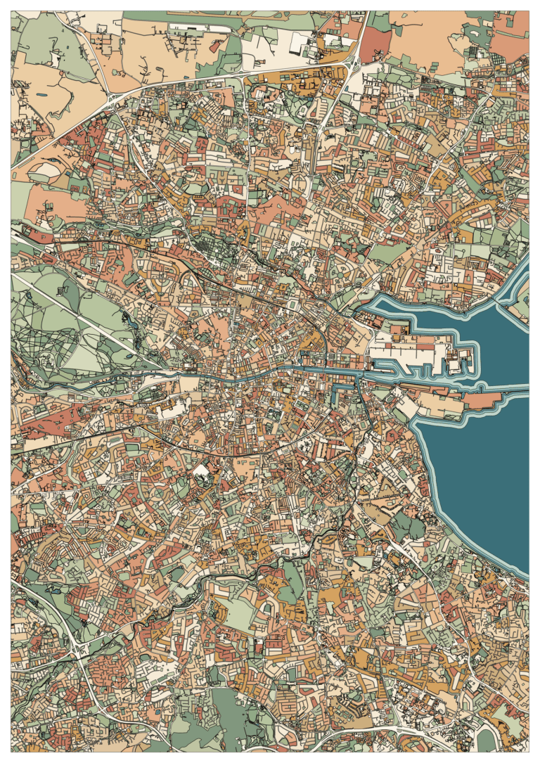 Colored example of a Dublin city map with a dark teal bay and river, sage green spaces and warm city blocks.