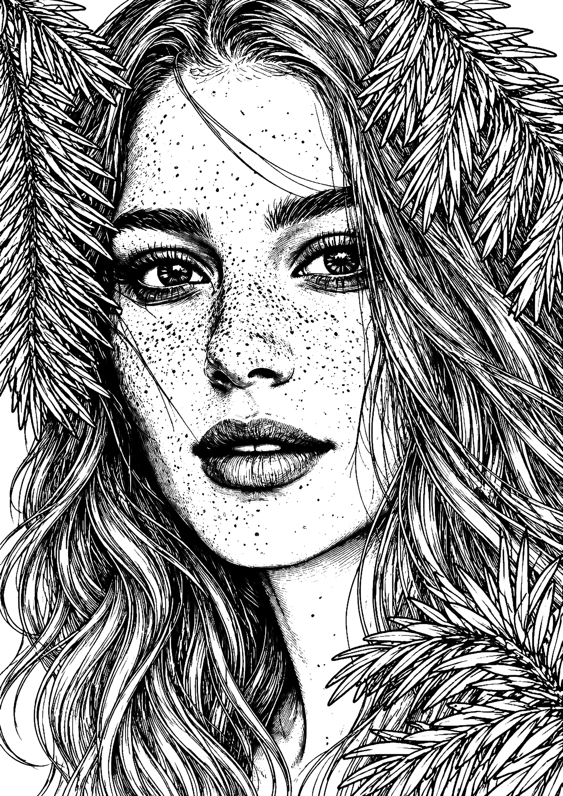 Black-and-white close-up portrait of a freckled woman with long wavy hair framed by evergreen branches.