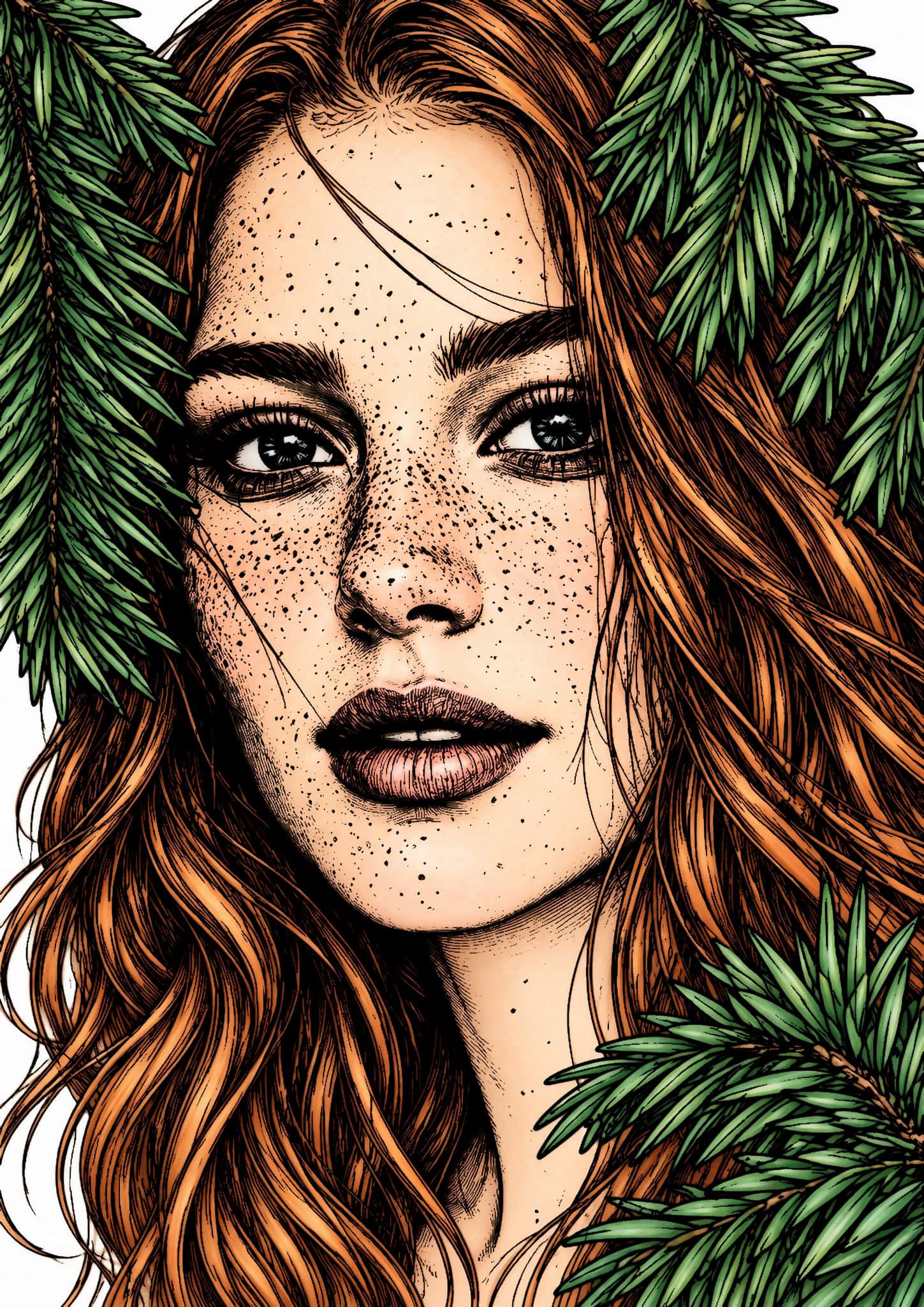 Colored forest portrait example with copper hair, light freckled skin, blue-gray eyes and deep green evergreen branches.