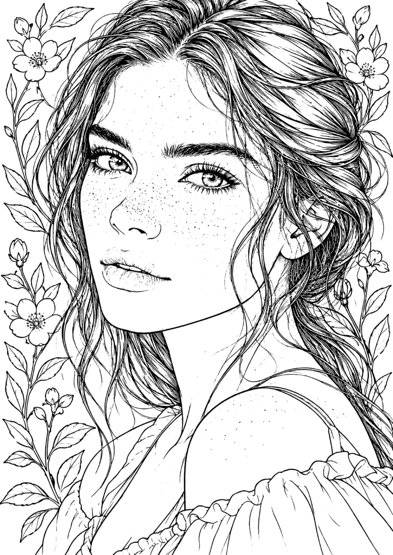 Black-and-white freckled botanical portrait coloring page with a woman, loosely pinned hair, blossoms and leafy stems.