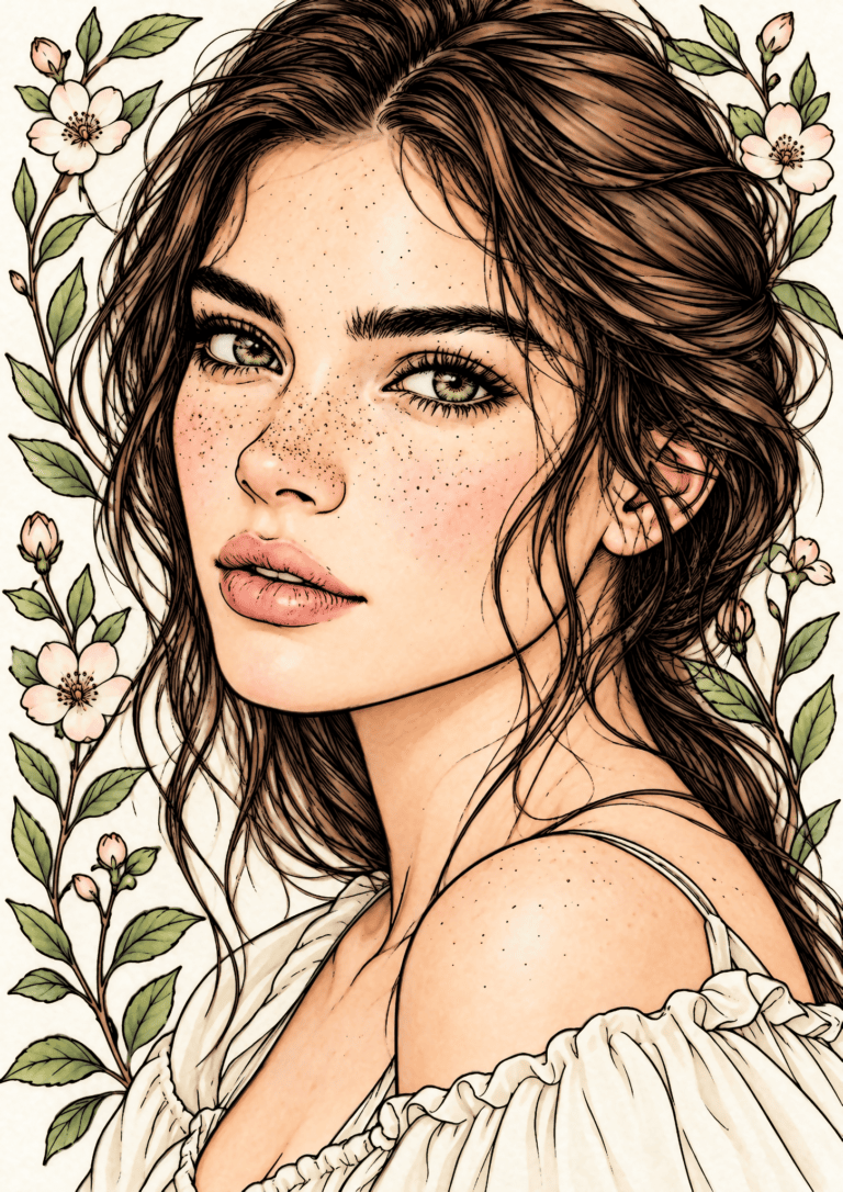 Colored botanical portrait example with warm brown hair, freckled peach skin, pale flowers, green leaves and an ivory blouse.