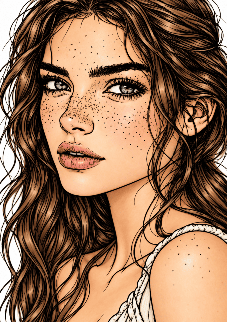 Colored freckled woman portrait example with chestnut hair, warm peach skin, soft pink lips and a white background.