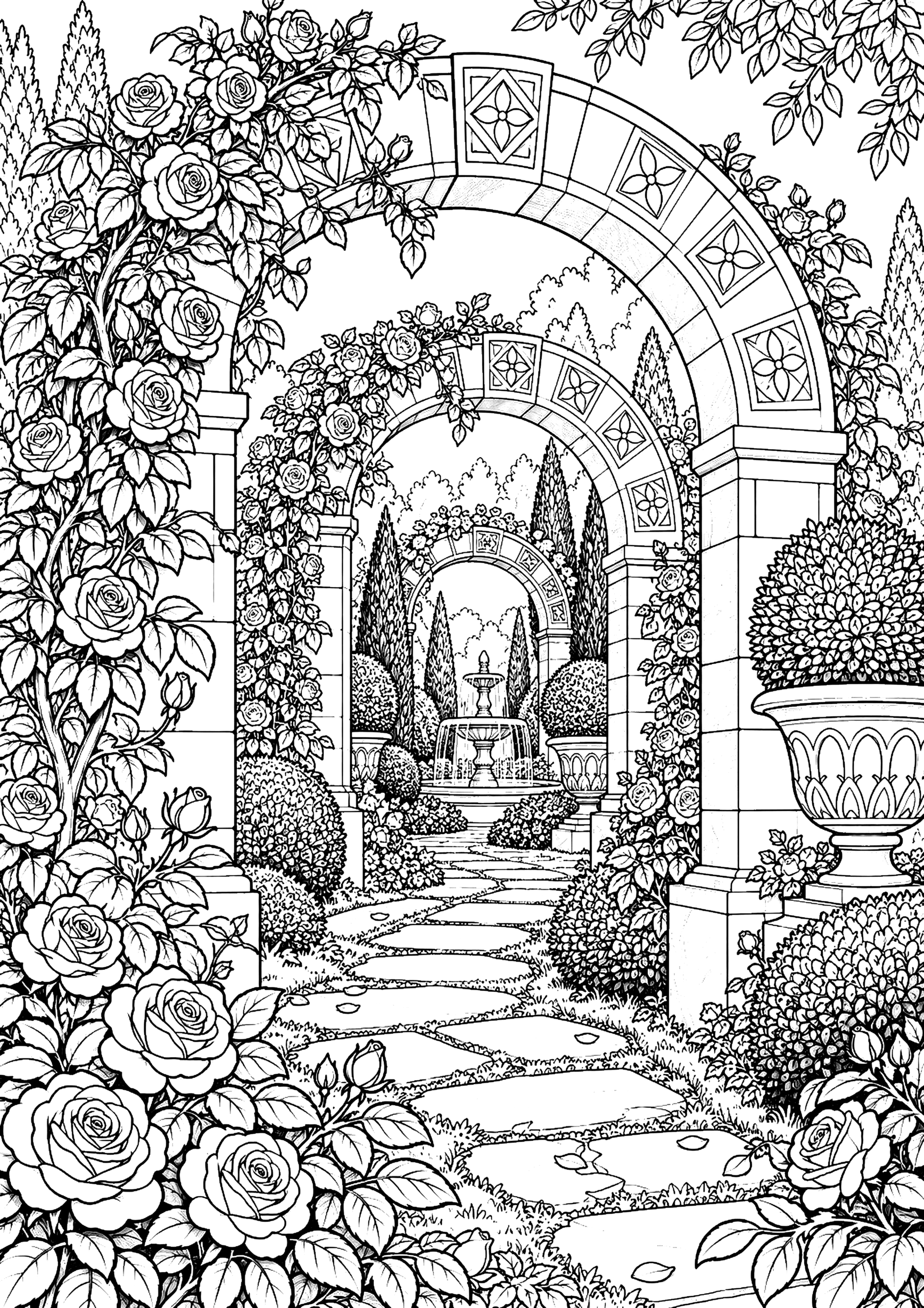 Black-and-white detailed rose garden coloring page with several stone arches, climbing roses, topiary, a path and a fountain.