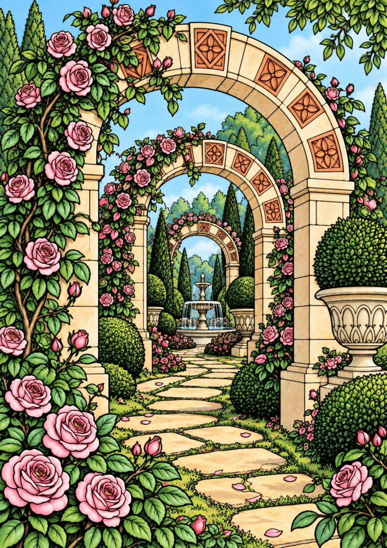 Colored rose garden arches example with pink roses, green topiary, warm stone paths and pale blue fountain water.