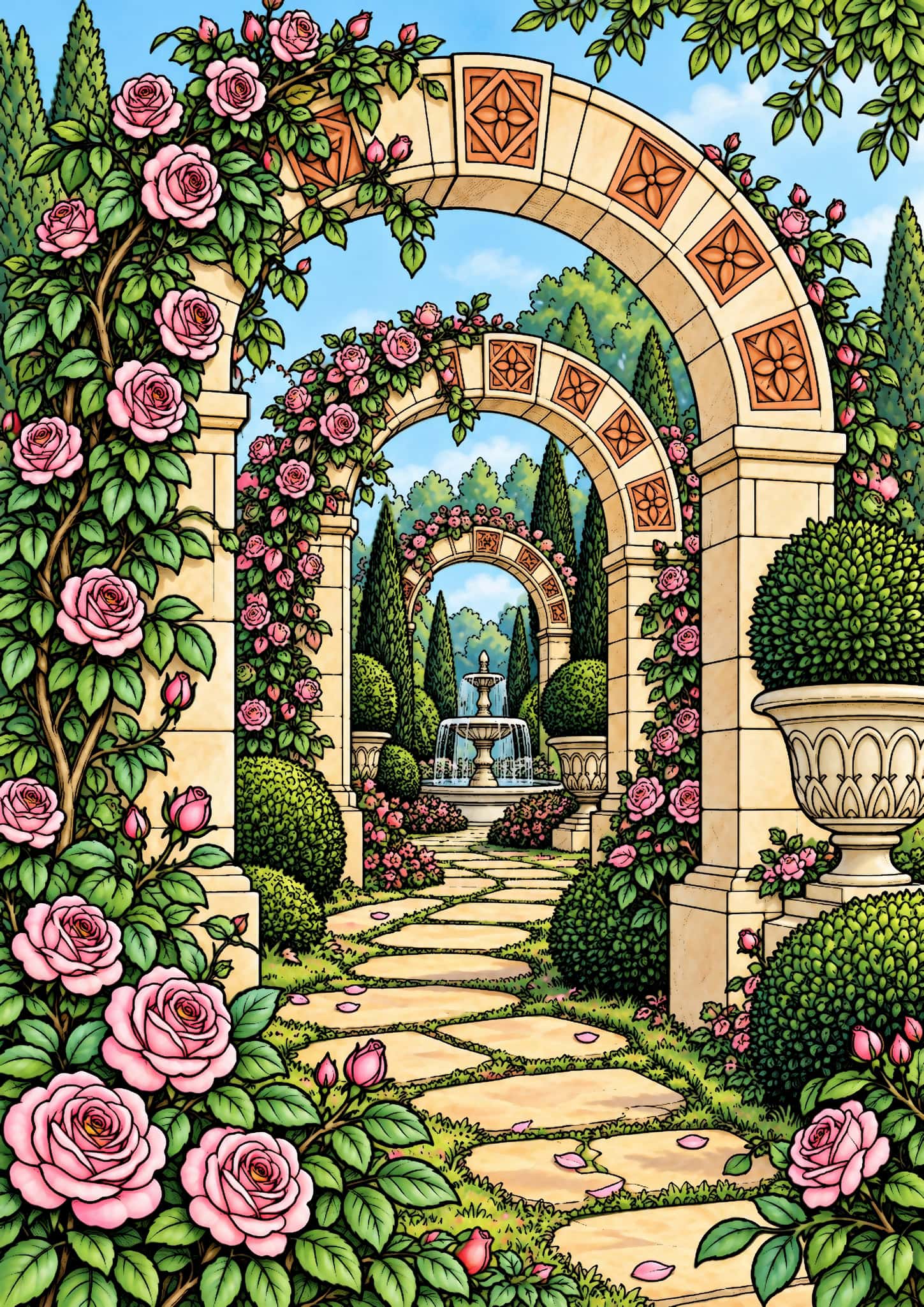 Colored rose garden arches example with pink roses, green topiary, warm stone paths and pale blue fountain water.