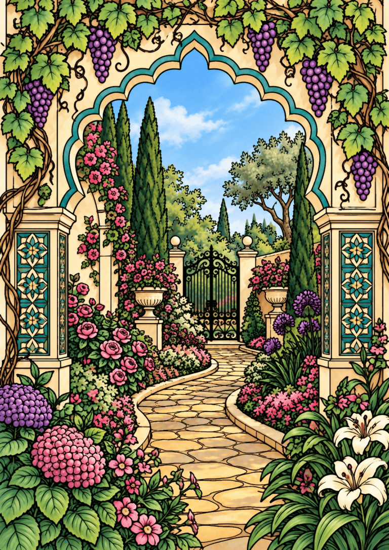 Colored vine garden arch example with purple grapes, green leaves, a gold-and-teal arch, bright flowers and a dark garden gate.